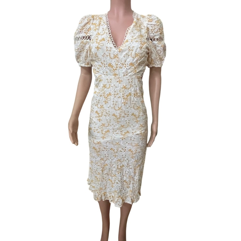RAHI Med. dress, yellow cream, eyelet, cutout, v neck,‎ puff sleeve, 100% cotton